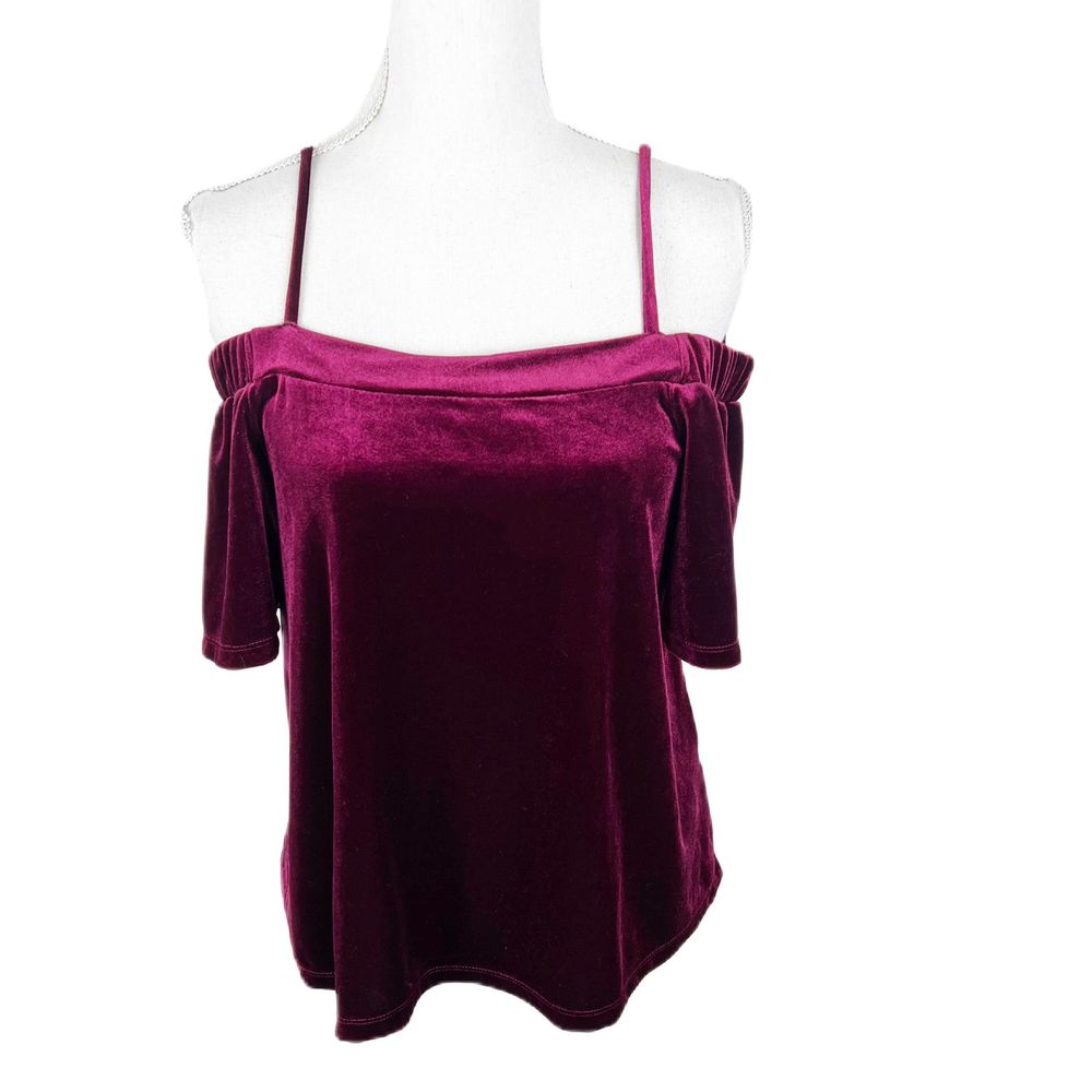 One Clothing Blouse Women Small Burgundy Velvet Velour Off Shoulder Short Sleeve